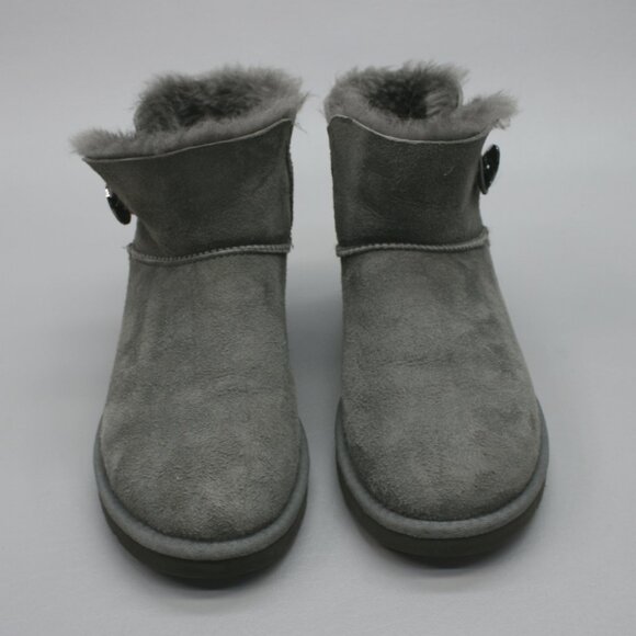 UGG Ladies 8 Mini Bailey Button Bling Gray Nubuck Suede Fur Ankle Boots 1003889 - Picture 5 of 12
